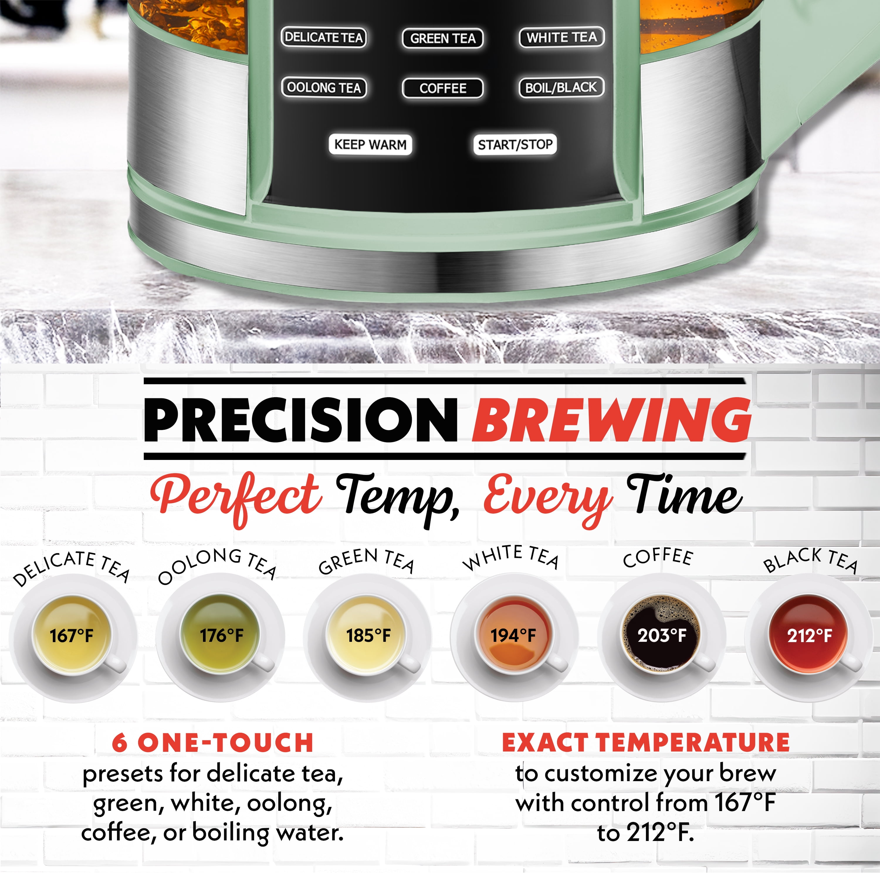 Gourmia Electric Kettle 1.7L with 6 Presets, Digital Display, and Tea Infuser, Green