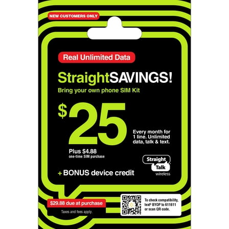Straight Talk $25 StraightSAVINGS Bring Your Own Phone Mini SIM Kit - Prepaid Smartphone
