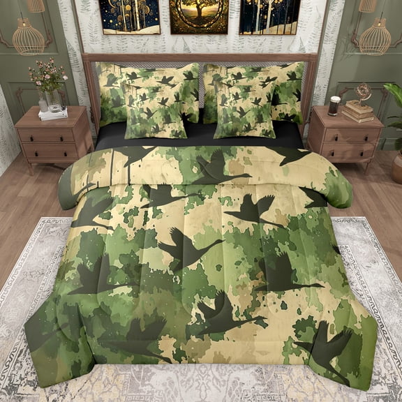 Homewish Animal Mallard Duck Twin Bedding Sets 7-Piece for Boys Girls,Abstract Camouflage Camo Bedding Comforter Set Microfiber,Retro Vintage Aesthetic Breathable Sheet Sets
