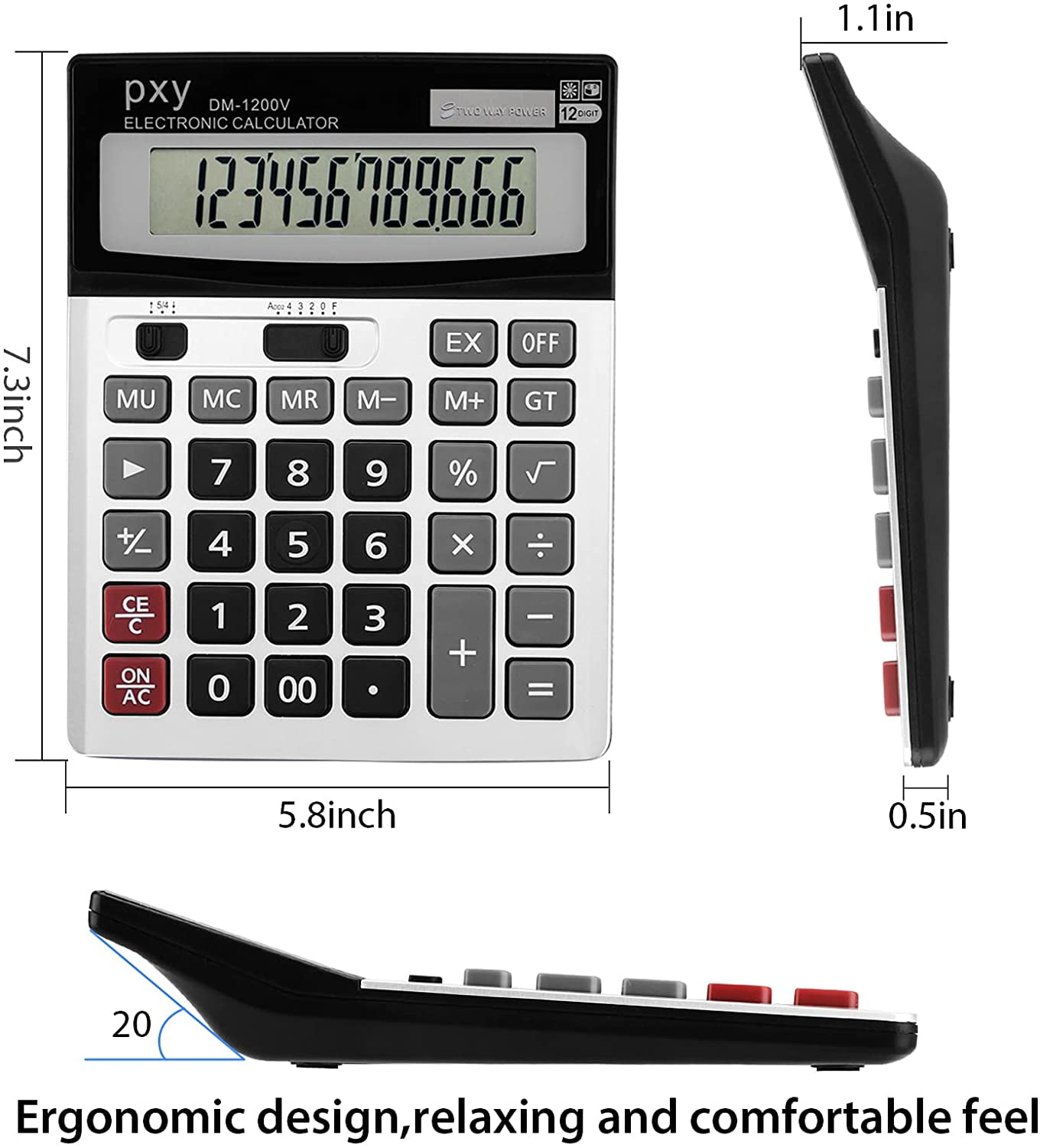 Desk Calculator 12 Digit Extra Large LCD Display, Touch Comfortable with Big Buttons,  Two Way Power Battery and Solar Standard Function Office Calculators