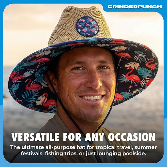 Grinderpunch Lifeguard Hat Mens Straw Sun Hat for Beach, Outdoor, and Travel | UPF 50+ Sun Protection | Wide Brim Straw Beach Hat | Classic Sun Hat for Men and Women ( Flamingo Palm )