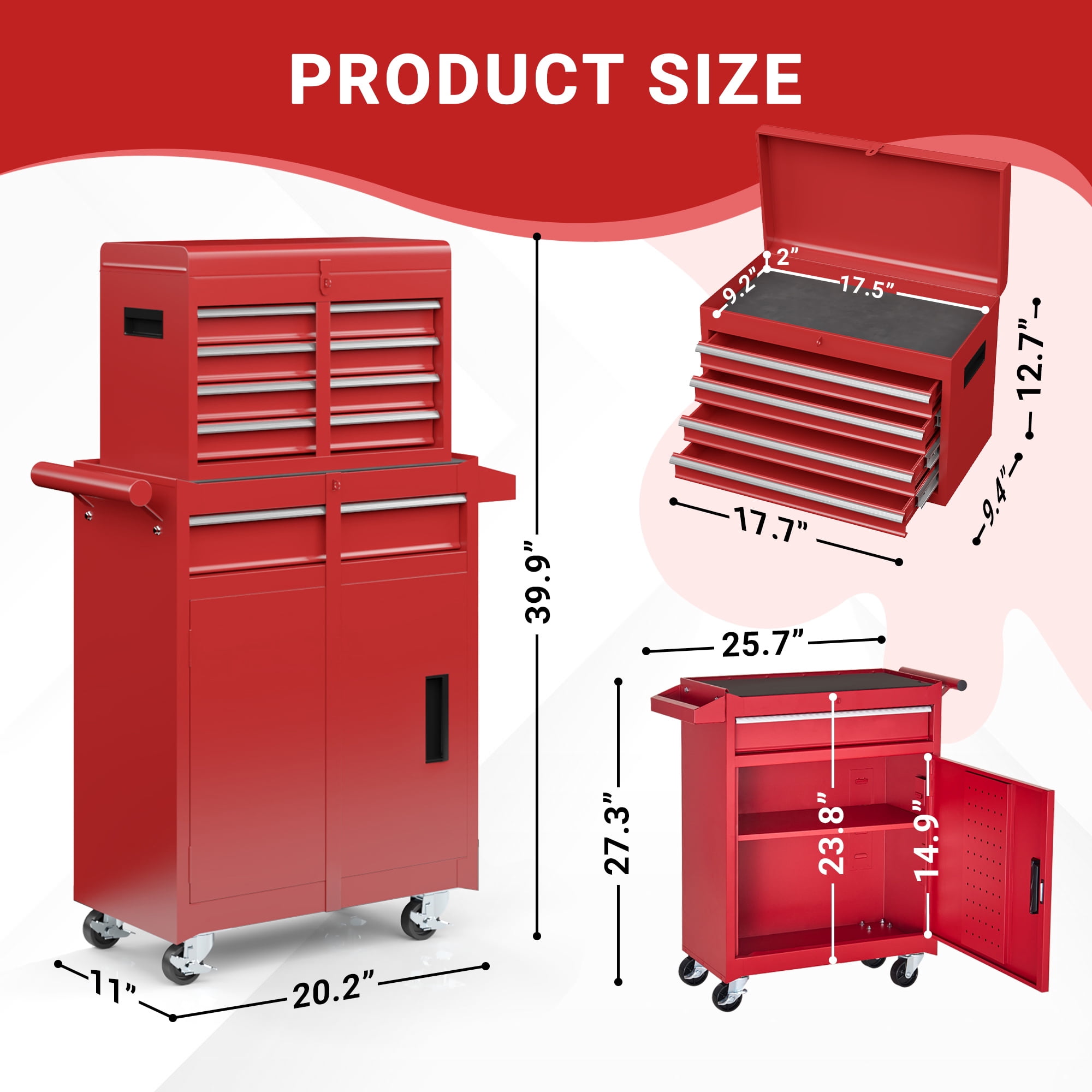 MUCHANT 5-Drawer Rolling Tool Chest, 2-in-1 Tool Box& Cabinet with Wheels, Drawers and Removable Top Tool Box for Garage, Warehouse, Workshop, Repair Shop, Red