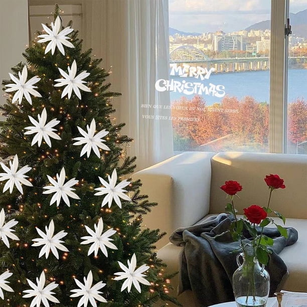 Flor de Pascua artificial con purpurina navideña de 32 cm, adorno navideño de tela con rosas blancas | Adorno para árbol festivo, ideal para fiestas, hogar, bodas, regalos