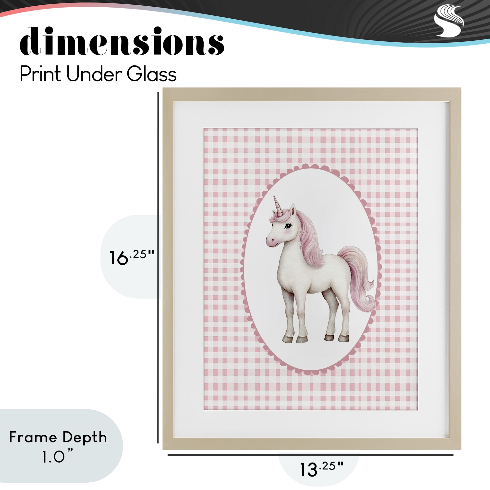 Stupell Industries Pink Gingham Unicorn Birch Framed Print Under Glass, design by Christine Simpson Art