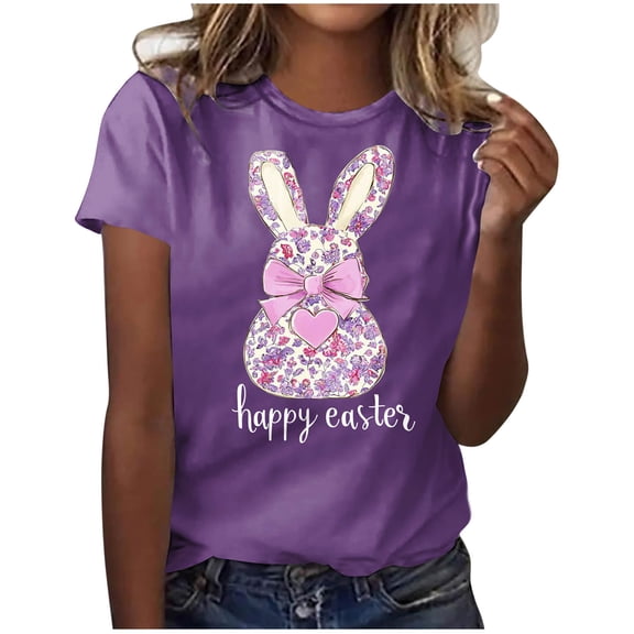 WHLBF Womens Tops Easter Bunny Printing Short Sleeved Round Neck Pullover Casual T-Shirt Purple L