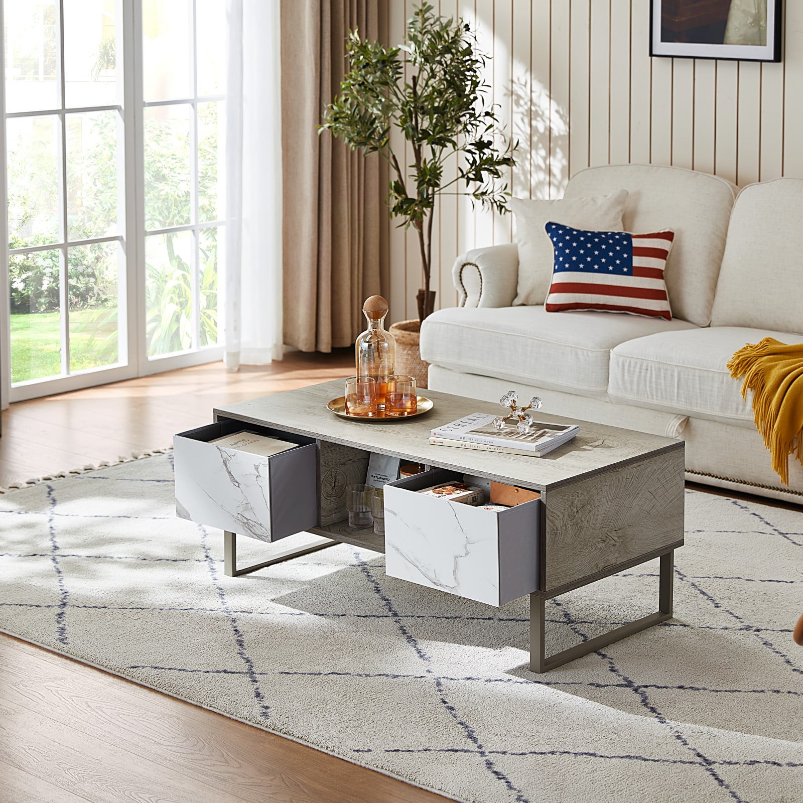 LINSY HOME Coffee Table with Storage Shelf for Living Room,Sturdy Metal Frame and Wood Finish ...