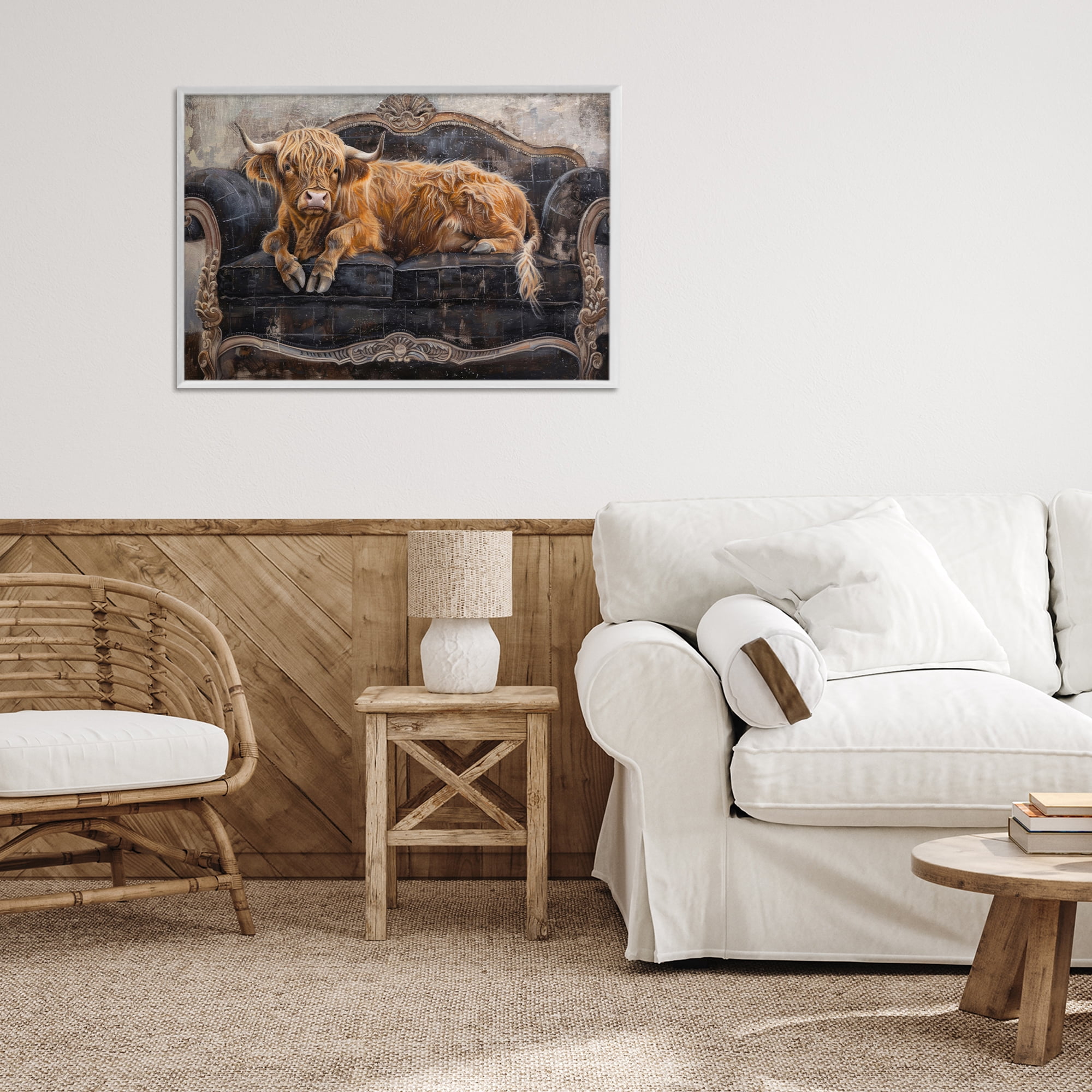 Stupell Industries Cozy Couch Highland Cow White Framed Giclee Art, design by Tina LeCour