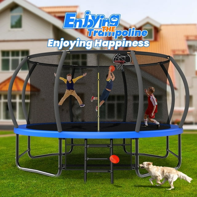Mersco Trampoline Amélioré de 14 Pi pour 6 Enfants et Adultes, Trampoline Extérieur Citrouille avec Panier de Basketball, Filet d'Enceinte et Sac de Rangement, Capacité de 1500 Lb, Bleu