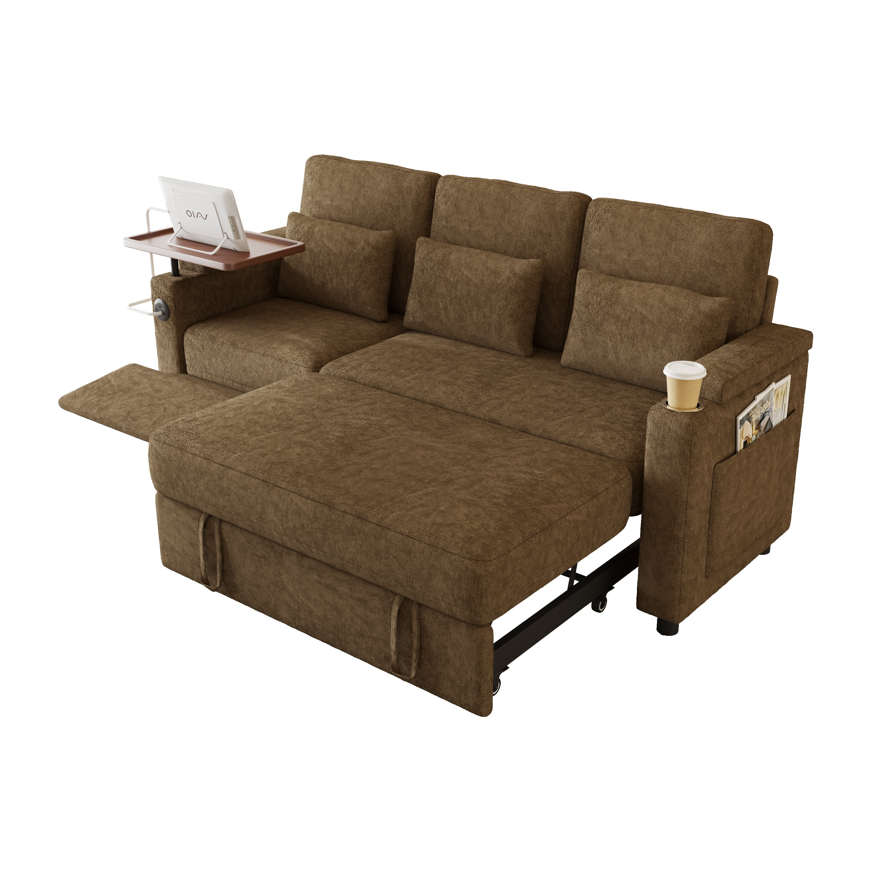 AISWORD 83" 3-in-1 Convertible Pull Out Sofa Bed, 6 Position Adjustable Sleeper Couch with USB Ports, Laptop Table, Cup Holders & Side Storage Pockets, Khaki