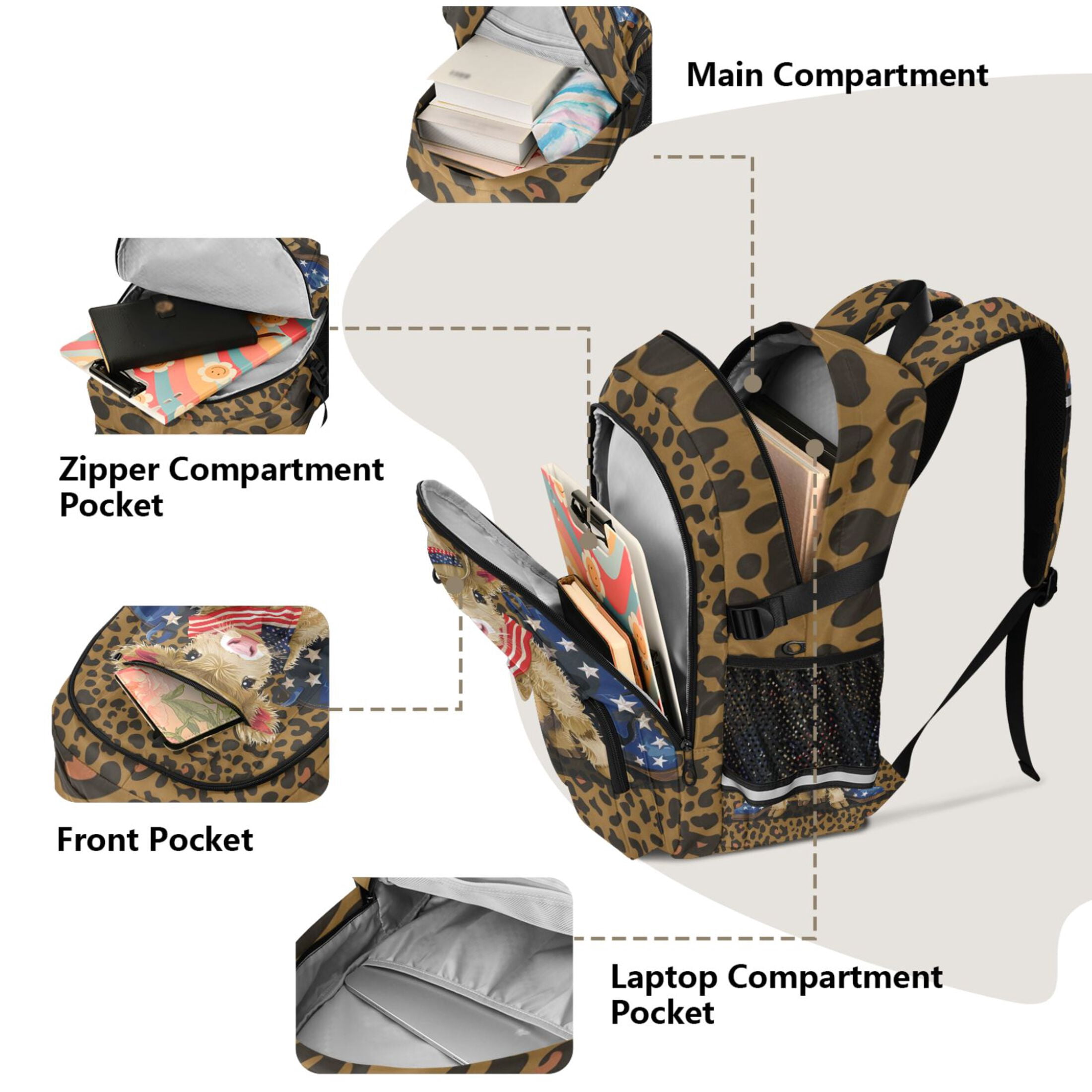 ALAZA Highland Cow Leopard Print Student Backpack School Bookbag Large Laptop Daypack Travel Bag