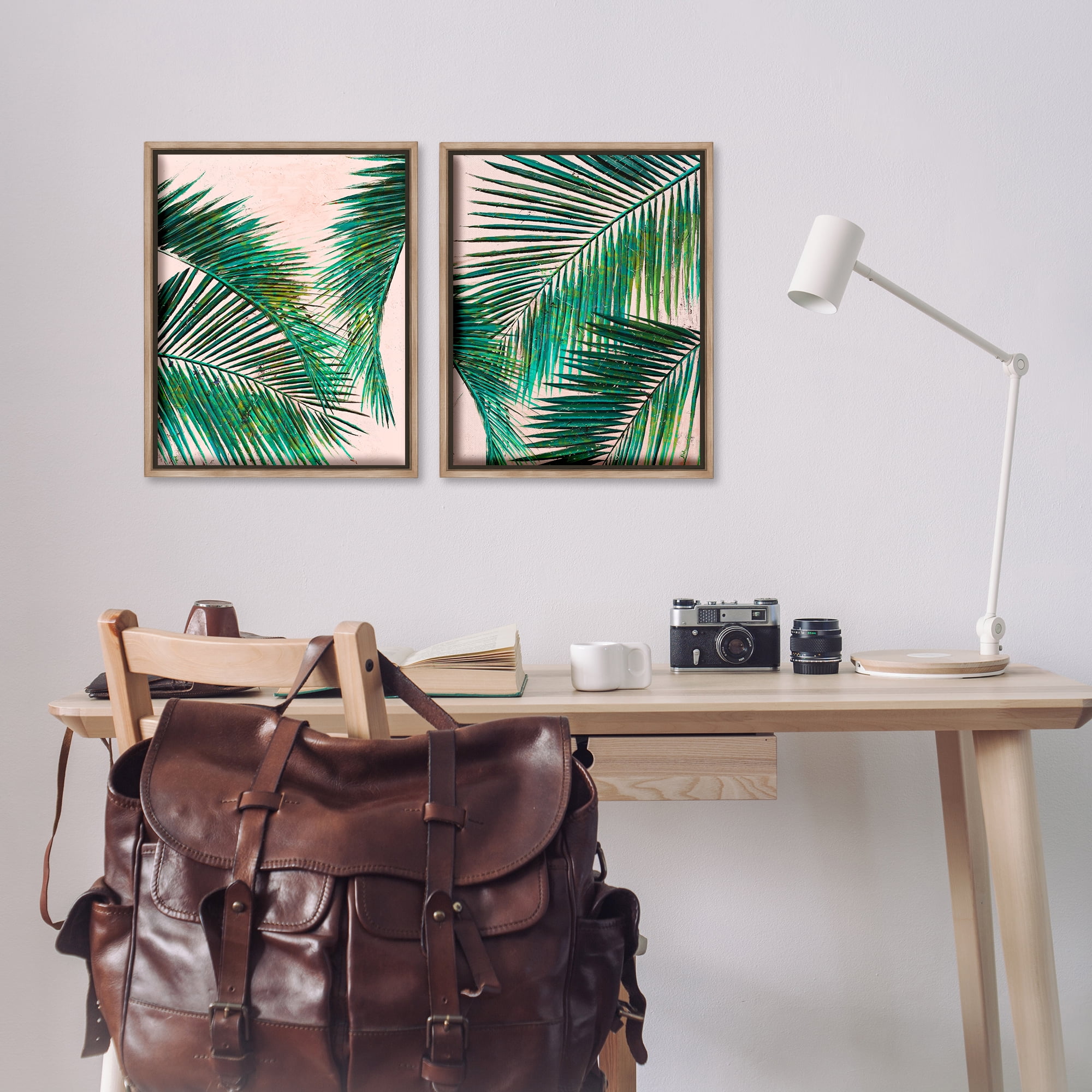 Stupell Industries Tropical Palm Fronds Plants & Flowers Painting Brown Floater Framed Canvas Art Print Wall Art, 17 x 21, Set of 2