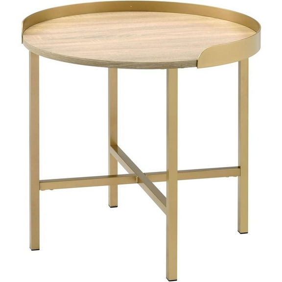 Bowery Hill Round Wooden Top End Table with Cross Bar Base in Oak and Gold