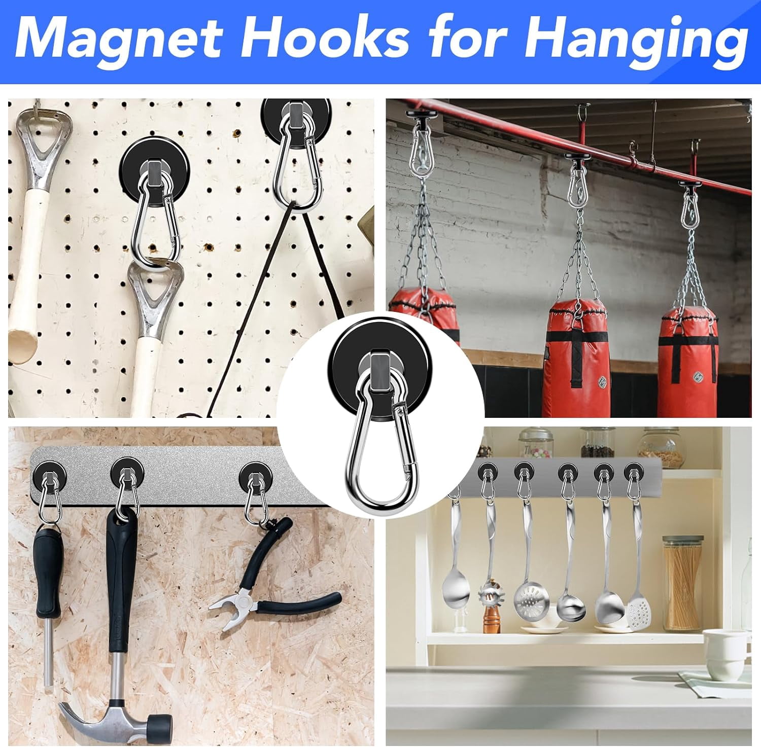 MY Strong Magnetic Hooks, 70LBS Magnetic Hooks Heavy Duty Strong Neodymium Magnets with Carabiner Hook, Magnet Hooks with Swivel for Kitchen, Hanging, Cruise, Grill, Refrigerator - 12 Pack Bla