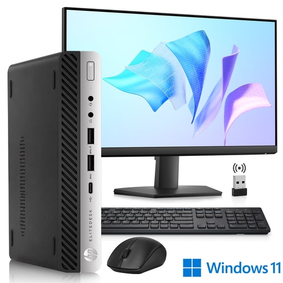 Restored HP EliteDesk G4 705 Mini Desktop, AMD Ryzen 5 PRO 2400GE up to 3.8 GHz — 24" Full HD LCD, 16GB DDR4 RAM, 512GB SSD — Wireless Keyboard & Mouse, Wi-Fi, Windows 11 Pro, Tiny PC