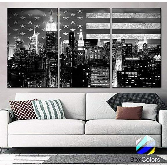 Original by BoxColors LARGE 30"x 60" 3 Panels 30"x20" Ea Art Canvas Print Flag USA NY New York skyline light buildings black & white Wall Home Office decor (framed 1.5" depth)