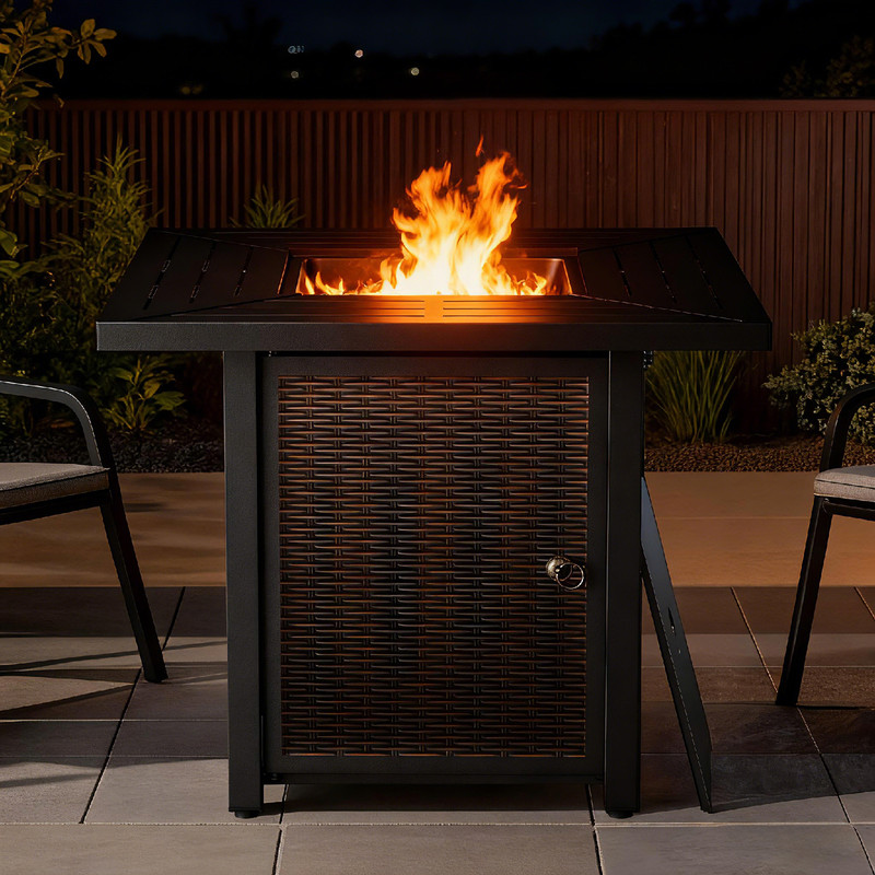 Giantfurnni 30" Propane Fire Pit Table with Lid, Outdoor Metal 50,000 BTUs Square Gas Fire Pit Table with Lava Rocks for Balcony Porch Deck
