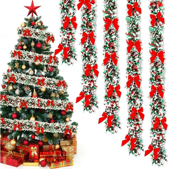 Dalrosia 4PCS Christmas Tinsel Garland with Red Bows Metallic Christmas Tree Garland Hanging Garland Christmas Decorations Vintage Tinsel Wreaths for Holiday Indoor Outdoor Party Supplie