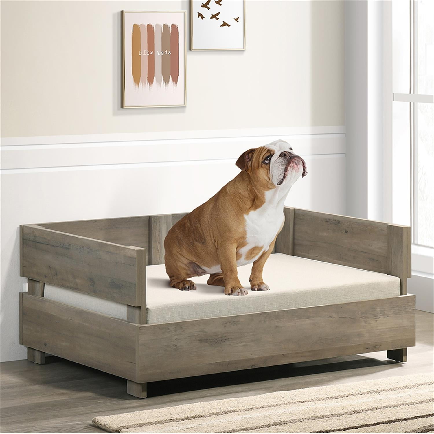 Pefilos 36" Wooden Dog Bed and Dog Couch with Calming Mattress, Small to Medium Elevated Pet Bed, Gray Pefilos 36" Wooden Dog Bed and Dog Couch with Calming Mattress, Small to Medium Elevated Pet Bed, Gray