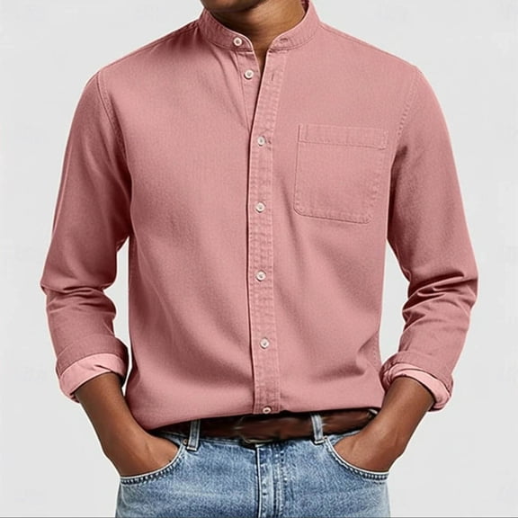 Kakii Mens Business Casual Stand Collar Shirt, Button Down Top with Chest Pocket, Modern Cotton Blend Long Sleeve Shirt