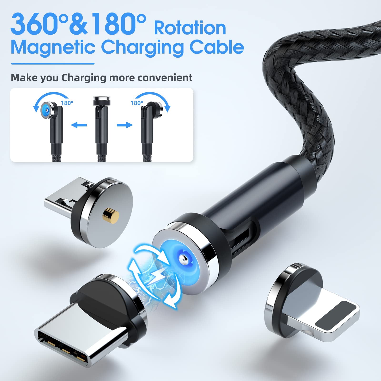 Magnetic Charging Cable, 540° Rotating Magnetic Phone Charger [6-Pack, 3ft/3ft/3ft/6ft/6ft/10ft] 3 in 1 Magnetic Charger Cable Nylon Braided Magnetic USB Cable for iProduct/Micro USB/Type C Device