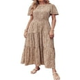 thumbnail image 3 of Femmes Bouton vers le Bas Midi Robe Manches Courtes Robe de Soleil Imprimé Floral Cravate Bohème une Pièce Vin Rouge M, 3 of 6