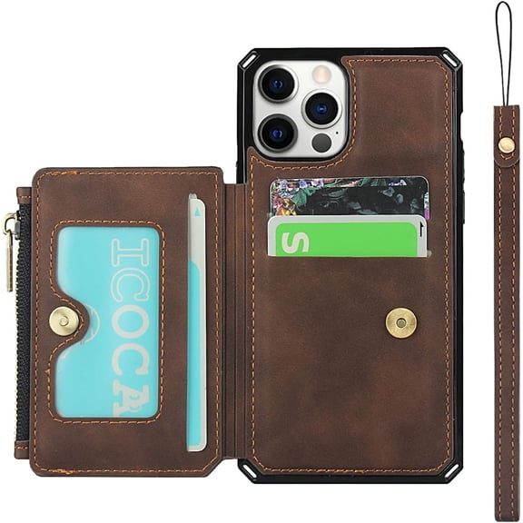 Wallet Case with Card Holder for iPhone 12 Pro Max,RFID Blocking Luxury PU Leather Kickstand Card Slots,Magnetic Clasp and Wrist Strap Zipper Pocket Flip Case for iPhone 12 Pro Max 6.7",Brown