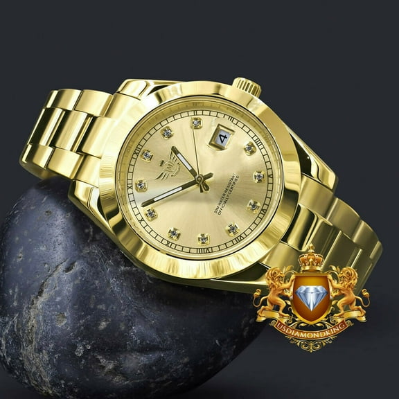 Full Solid Steel 18K Yellow Gold Tone Simulated Diamond 40mm Men's Watch W/Date