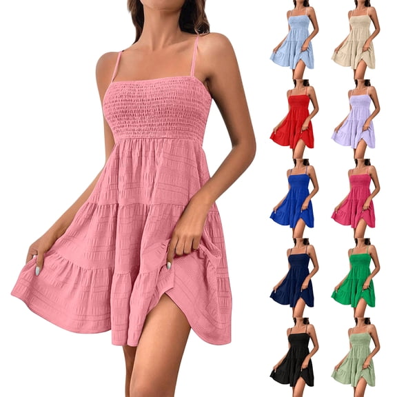 Laqbezok Spaghetti Strap Summer Dress, Smocked Bodice Tiered Ruffle Mini Sun Dress, Casual Sleeveless Beach Party Dress, Solid Color Flowy Short Dress