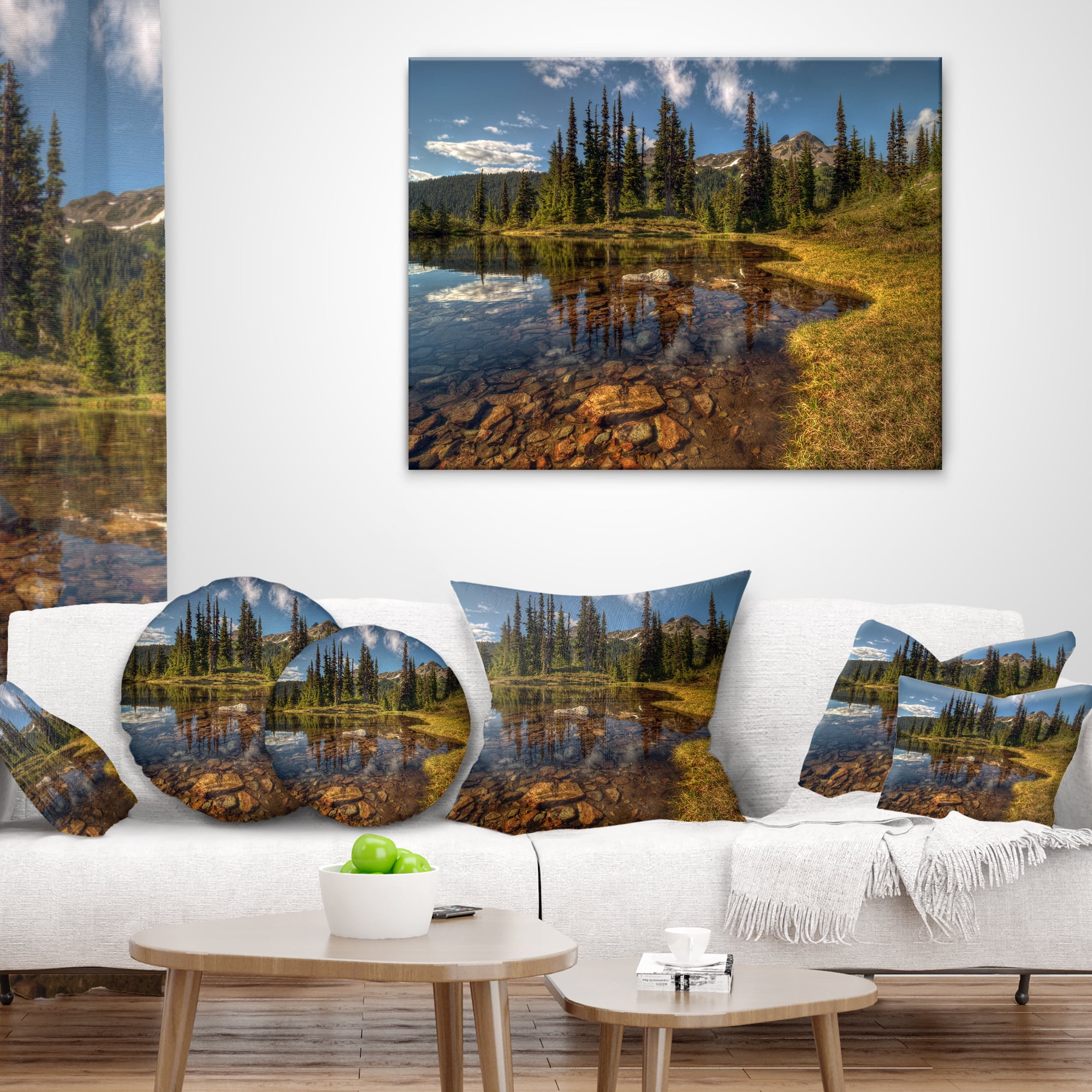 Designart Bright Clear Day and Clear Lake - Landscape Printed Throw Pillow - 16x16