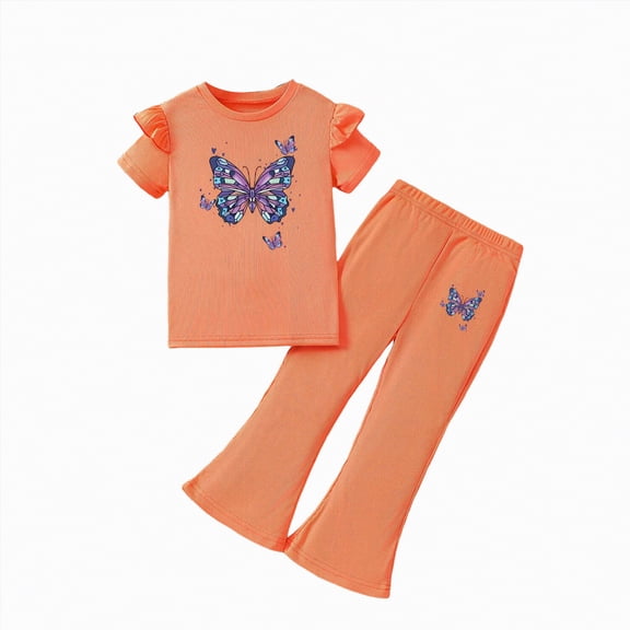 mgoYE Girls' Summer 2-Piece Outfit Set Butterfly-Pattern Ruffled-Sleeve Top Flared Pants Size 3-8 Years Old(Orange,6-7 Years)
