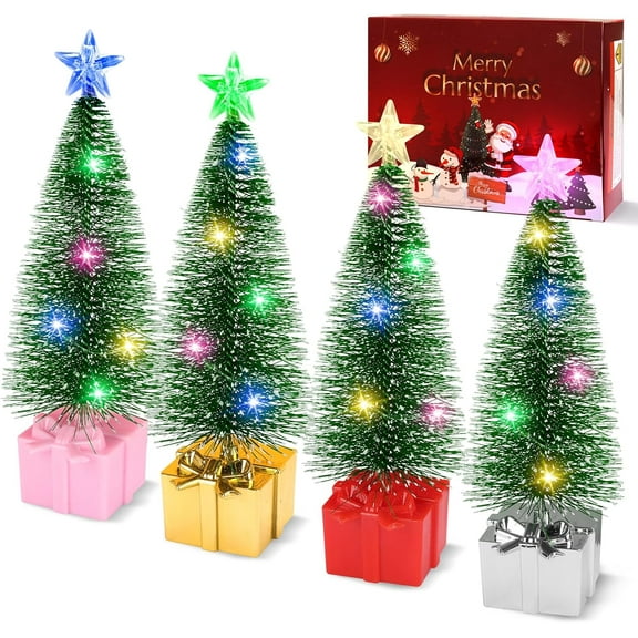 Mini Christmas Tree with Lights, 4 Pieces Tabletop Christmas Tree with LED Lights, Indoor Christmas Decorations Holiday Party Ornagment, Christmas Centerpieces for Tables