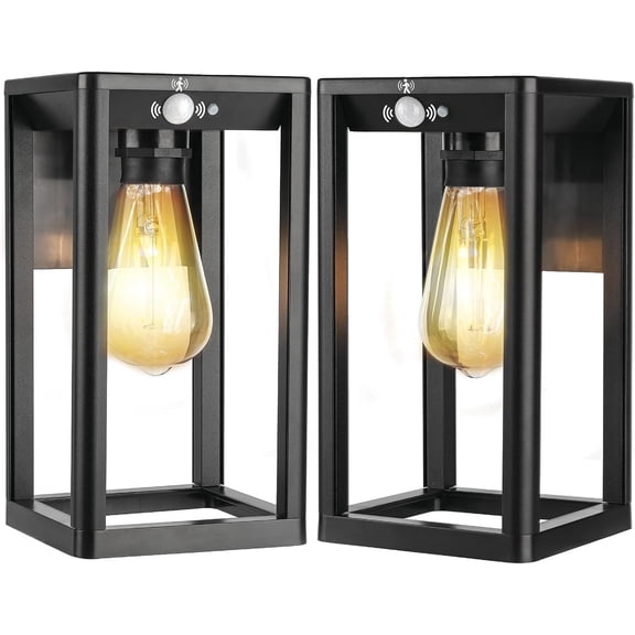 Maggift Solar Wall Lanterns, 2 Pack Outdoor Porch Lights with Motion Sensor, Dusk to Dawn, Waterproof, E26 Base, Black