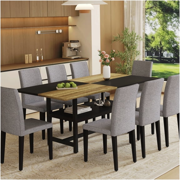 8-Seater Modern Dining Table Set with Storage & Light Gray Linen-Cotton Chairs, Black/Wooden Design