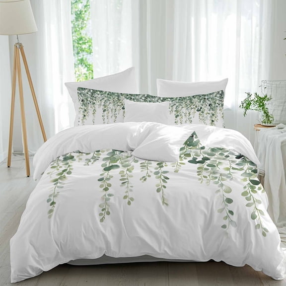 3 Piece Green Eucalyptus Branches Duvet Cover Set Twin Size,Microfiber Comforter/Quilt Cover with Corner Ties and 2 Pillowcases,Spring Botanical Leaves Vines All Season Bedding with Zipper Closure
