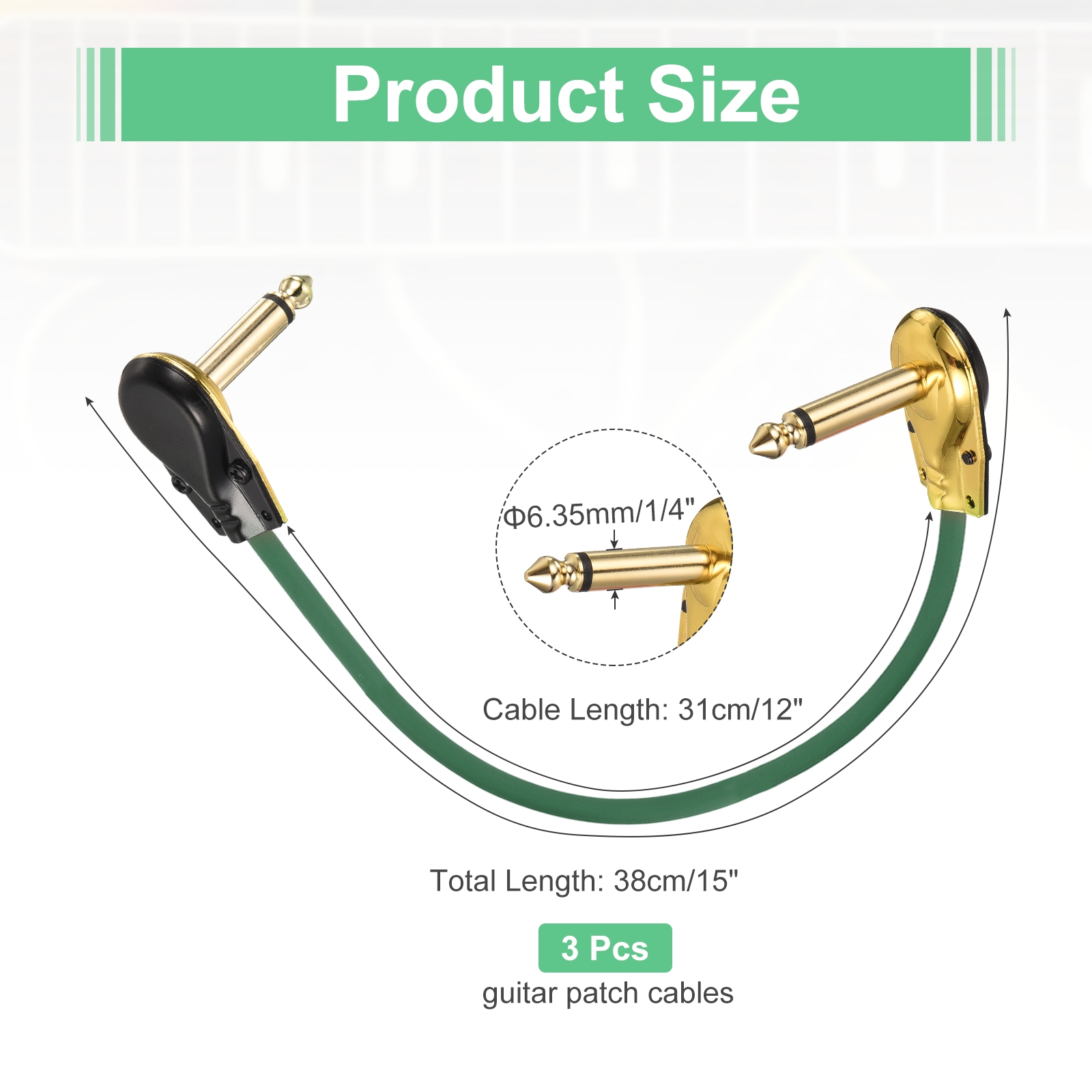 Uxcell 3 Pcs Guitar Patch Cables 15 Inch Pedal Board Cord 1/4 Inch Metal Flat Head TS Right Angle Guitar Patch Effect Cable Cord for Instrument Effect Pedal Mixing Console, Green