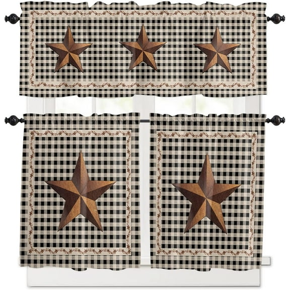 Kitchen Curtains Valance and Tiers 3 Piece Set, Rustic Texas Western Star Berries Black Buffalo Plaid Rod Pocket Short Window Treatments for Cafe Laundry Room Bathroom 24-Inch Tier Set