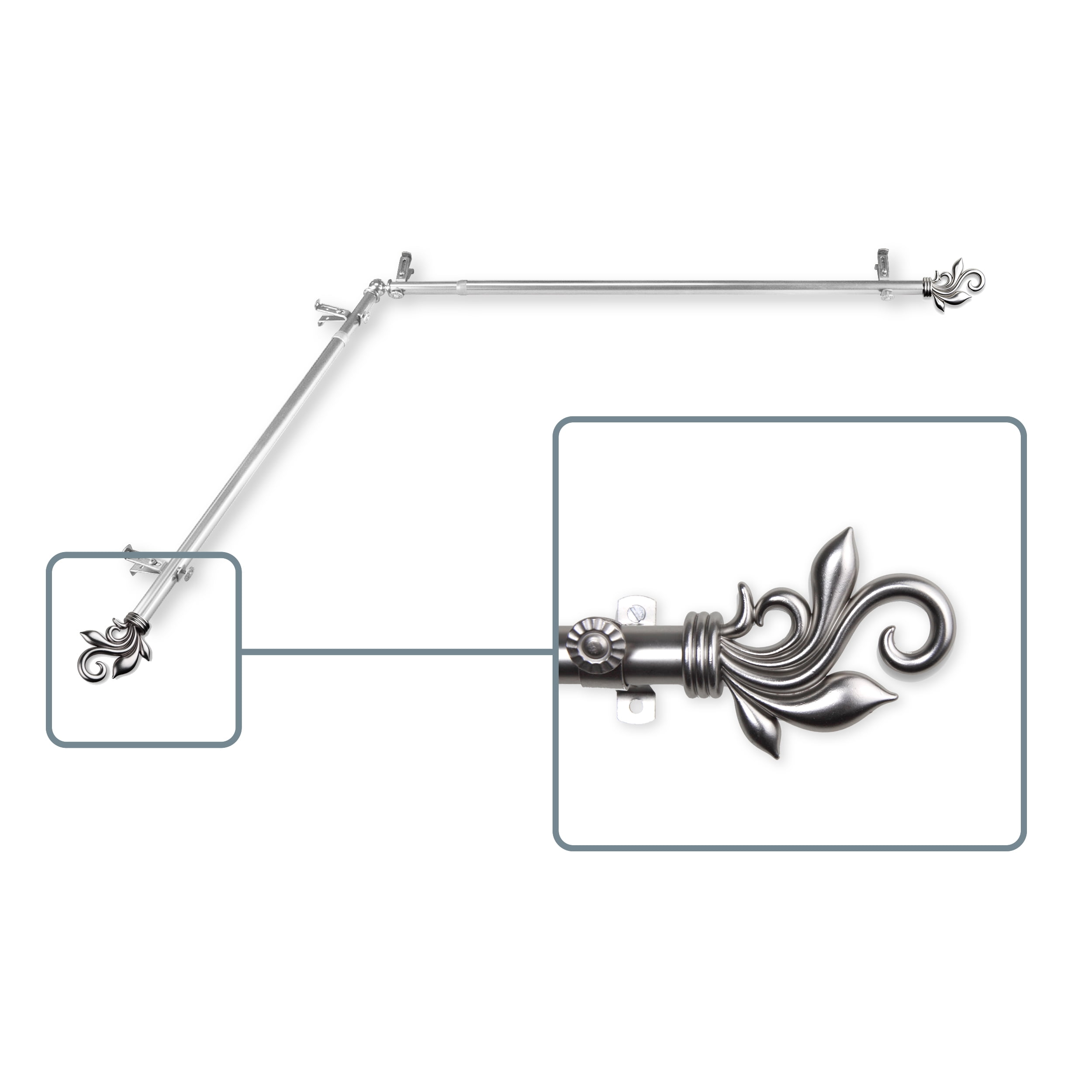 Central Design 4874-995-CORNER 0.8125 in. Giles Corner Window Curtain Rod with 120 to 170 in. Extension, Satin Nickel