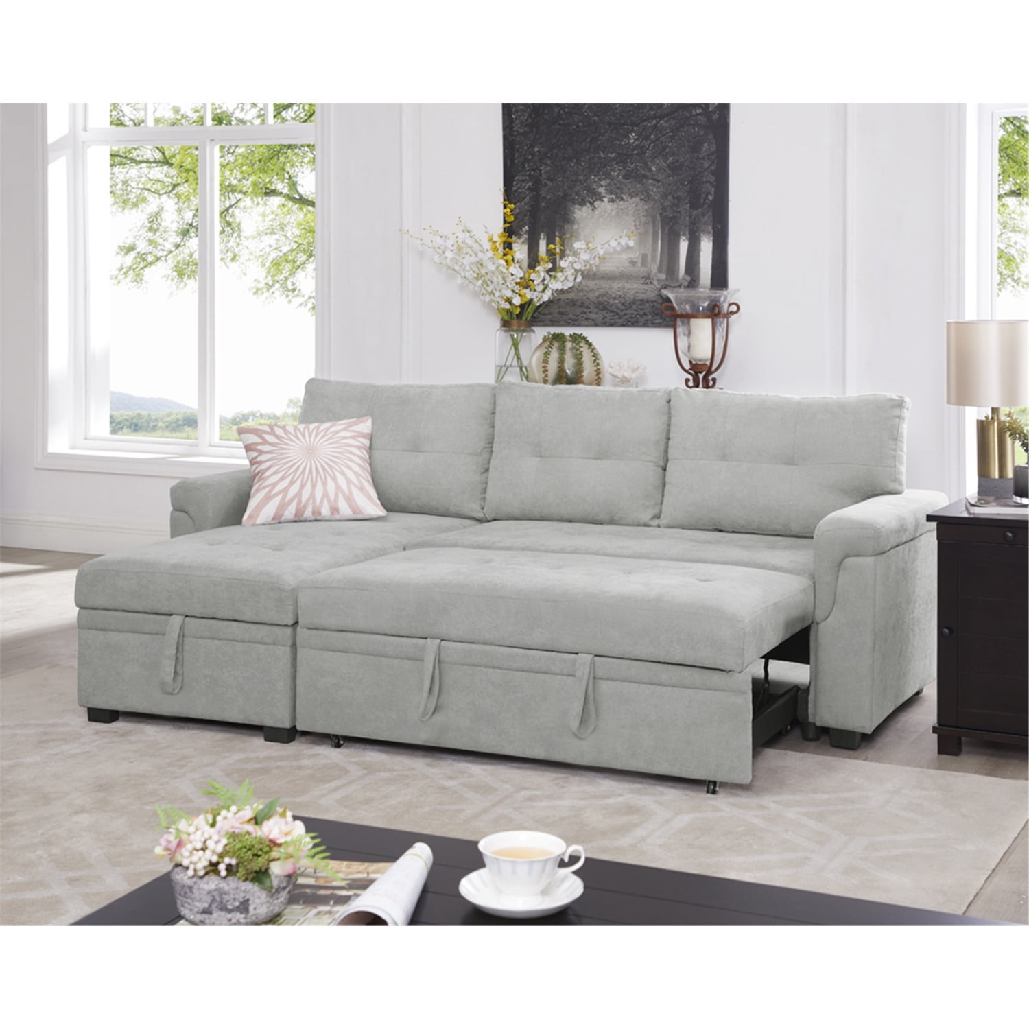 Laura Gray Velvet Sectional Sleeper Sofa Bed with Storage Chaise, Pull Out Couch