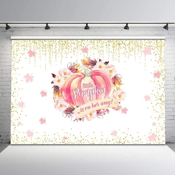 Pumpkin Baby Shower Backdrop Little Pumpkin Is on The Way Photography Background for Girl Pink Fall Pumpkin Maple Leaves Golden Glitter Dots Baby Shower Party Decorations Banner Photo Booth Props