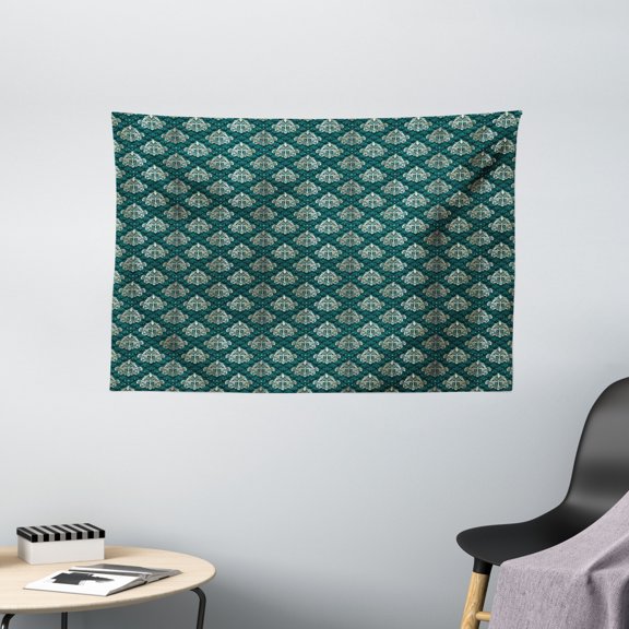 Damask Tapestry, French Pattern Inspired by Rococo Era Designs Intricate Renaissance Motifs, Wall Hanging for Bedroom Living Room Dorm Decor, 60W X 40L Inches, Jade Green Gold, by Ambesonne