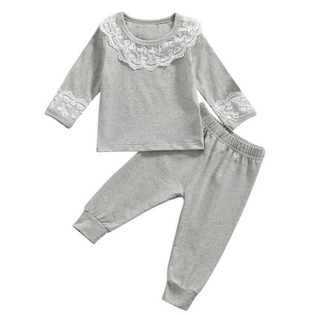 

Canrulo Newborn Baby Girls Pajamas Set Princess Lace Hem Pullover Tops Elastic Waist Pants Clothes Set Grey 3-6 Months