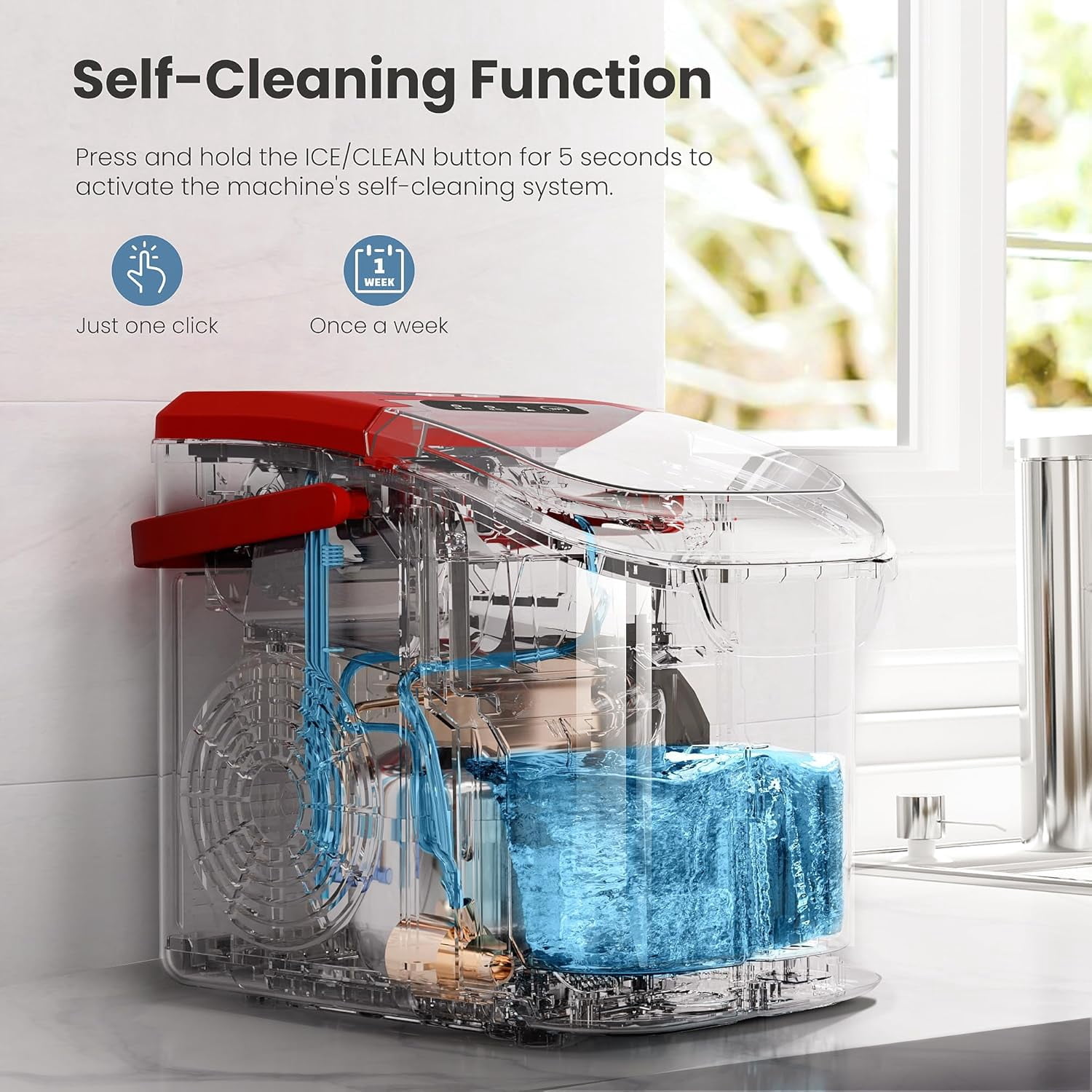 Moifoi Ice Maker Countertop , Portable Ice Machine 26.5lbs/24H, Ready in 6 Mins/9 Pcs  with Self-Cleaning,Red