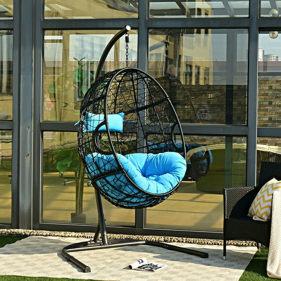 Hammock Chair with Stand Hanging Cushioned Swing Egg Chair for Indoor Blue