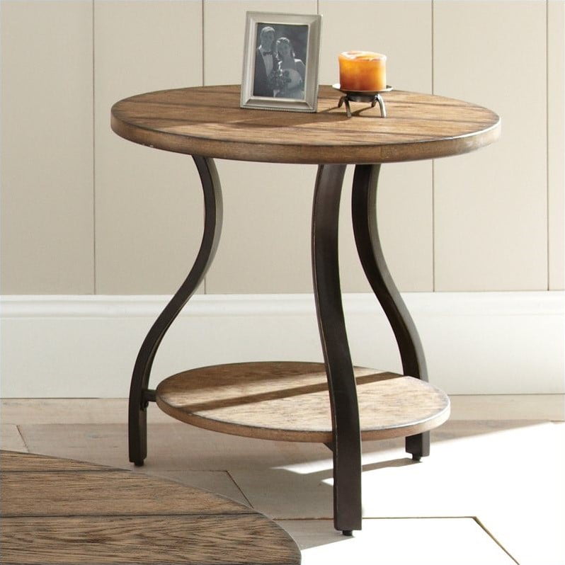 Denise Round End Table In Planked Light, Round Wood Top End Table With Metal Legs