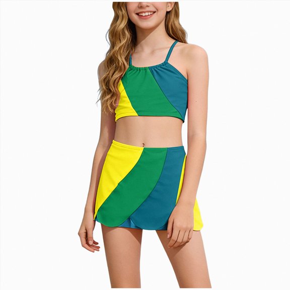 Bosanter Bathing Suits For Girls 3 Piece Bikini Sets Color-Block with Cover Ups Swimsuit Set Girls Tankini Swimsuit, Yellow 5-6Y