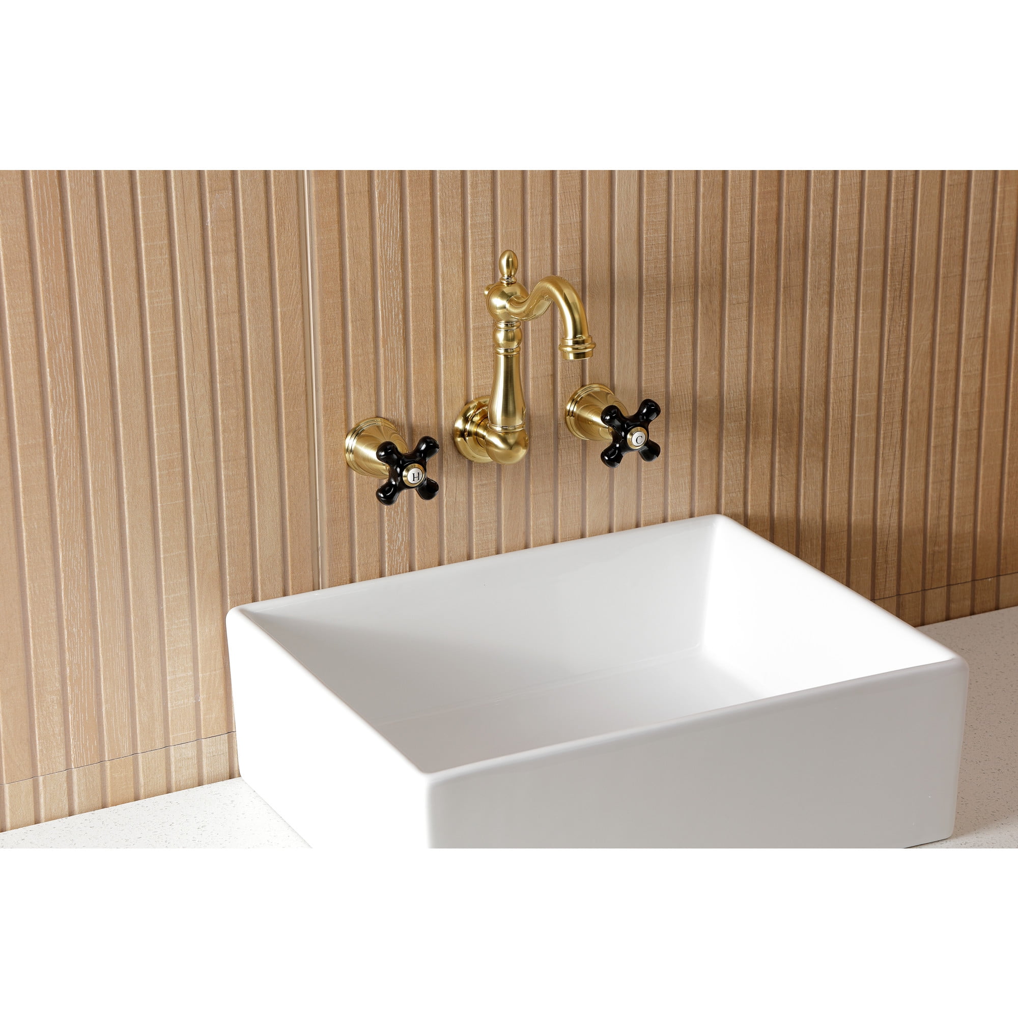 Kingston Brass KS1227PKX Duchess Double-Handle Wall Mount Bathroom Faucet, Brushed Brass