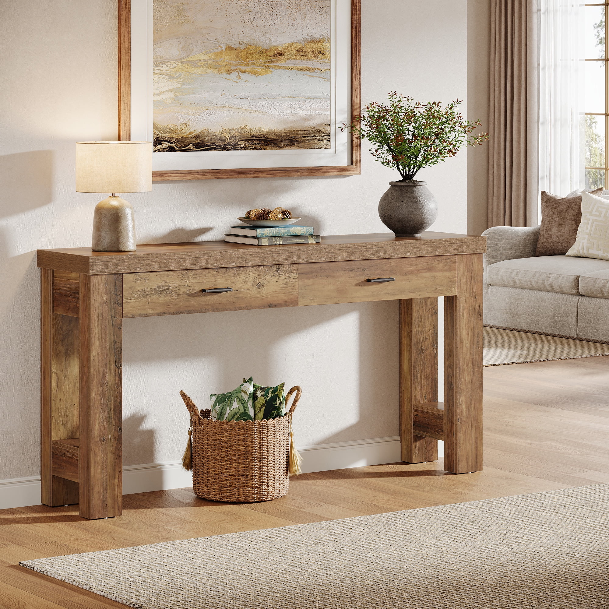 Finmind 63" Console Table: Farmhouse Entryway Table with 2 Drawers & Sturdy H-Shaped Legs for Hallway/Living Room/Bedroom, Rustic Brown