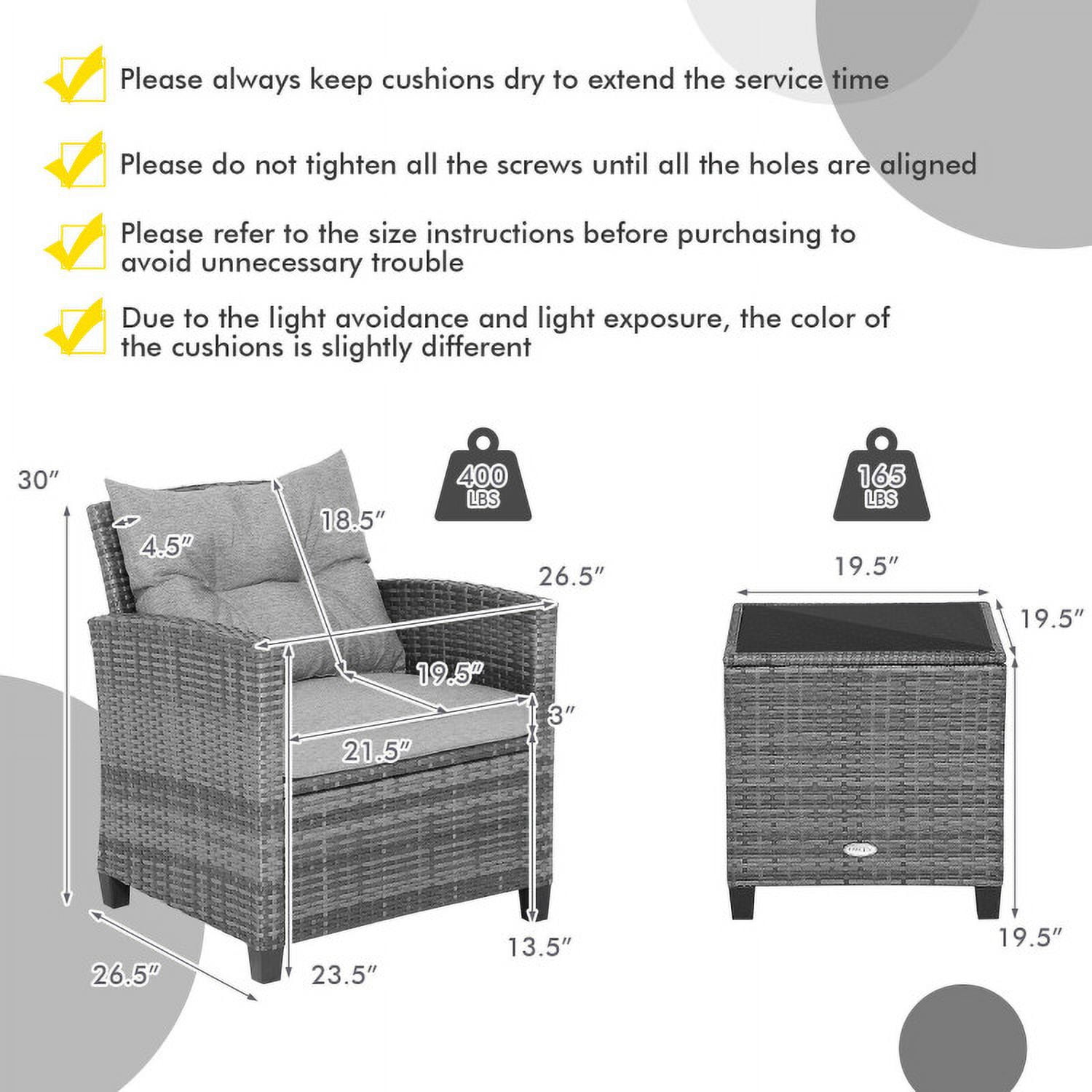 Aimee Lii 3 Pieces Outdoor Wicker Conversation Set with Tempered Glass Tabletop, Outdoor Patio Furniture, Gray