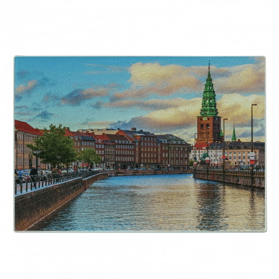 European Cutting Board, Scenic Summer View at Sunset Copenhagen Denmark Old Scandinavian View City Europe, Decorative Tempered Glass Cutting and Serving Board, Small Size, Multicolor, by Ambesonne