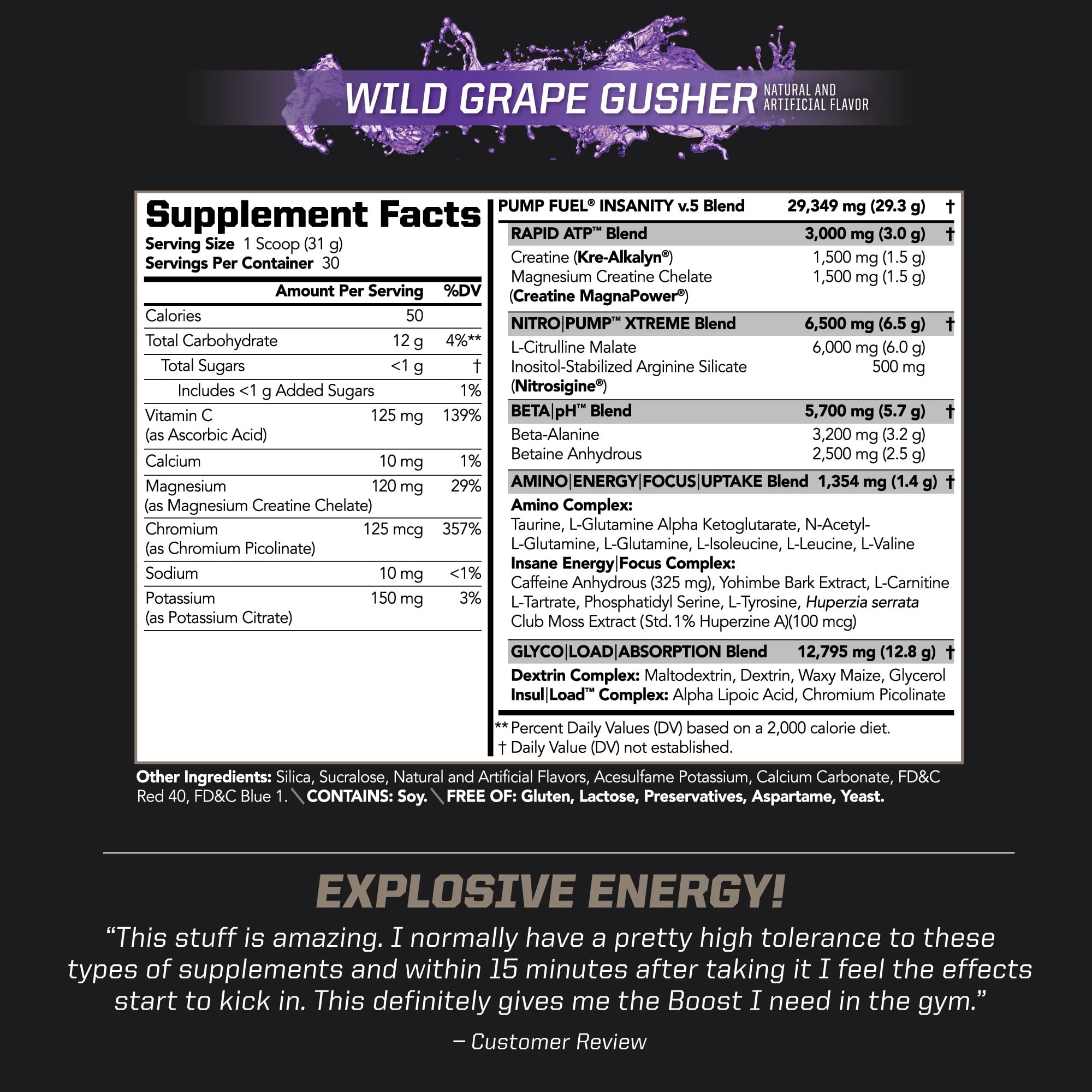 PMD Sports Ultra Pump Fuel Insanity - Pre Workout Drink Mix For Energy, Strength, Endurance, Muscle Pumps And Recovery - Complex Carbohydrates And Amino Energy - Wild Grape Gusher (30 Servings)